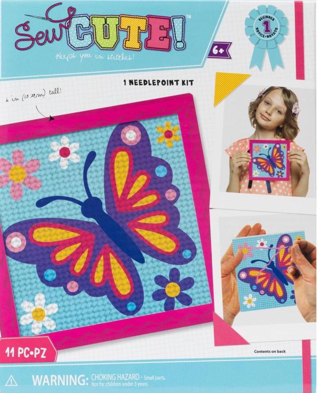 DIY Sew Cute Butterfly Kids Beginner Needlepoint Kit with Frame 6"x6"